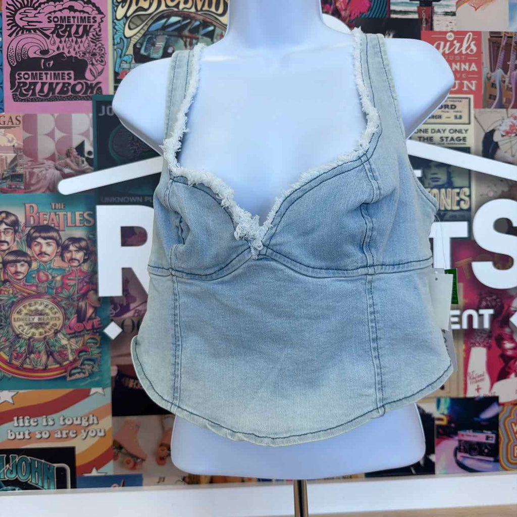 TINSELTOWN Size XL Fray-Trimmed Cropped Denim Corset-Style Top - Light Wash