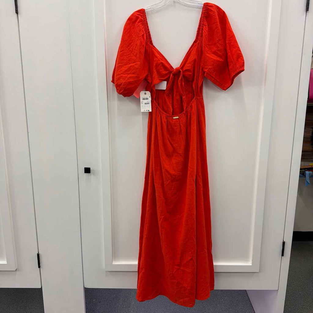 billabong Size L Love Fade Puff-Sleeve Cotton Maxi Dress - Sunset Red
