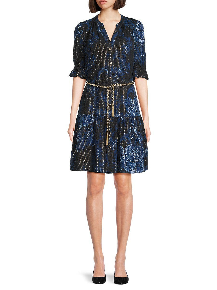 Karl Lagerfeld Paris Women's Printed Tiered Belted Dress - Navy Multi - Size 12