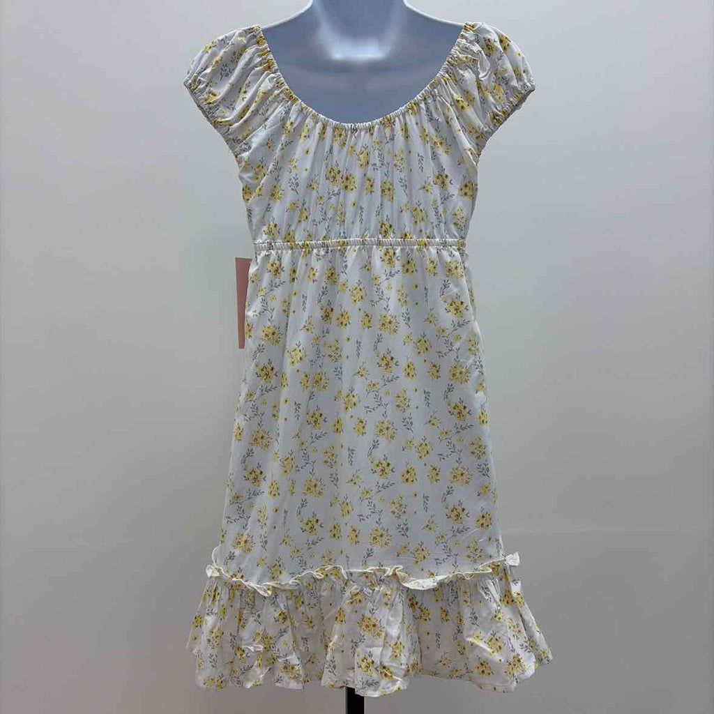 Celebrity pink Size XS Juniors' Printed Babydoll Mini Dress - White/Yellow Flora