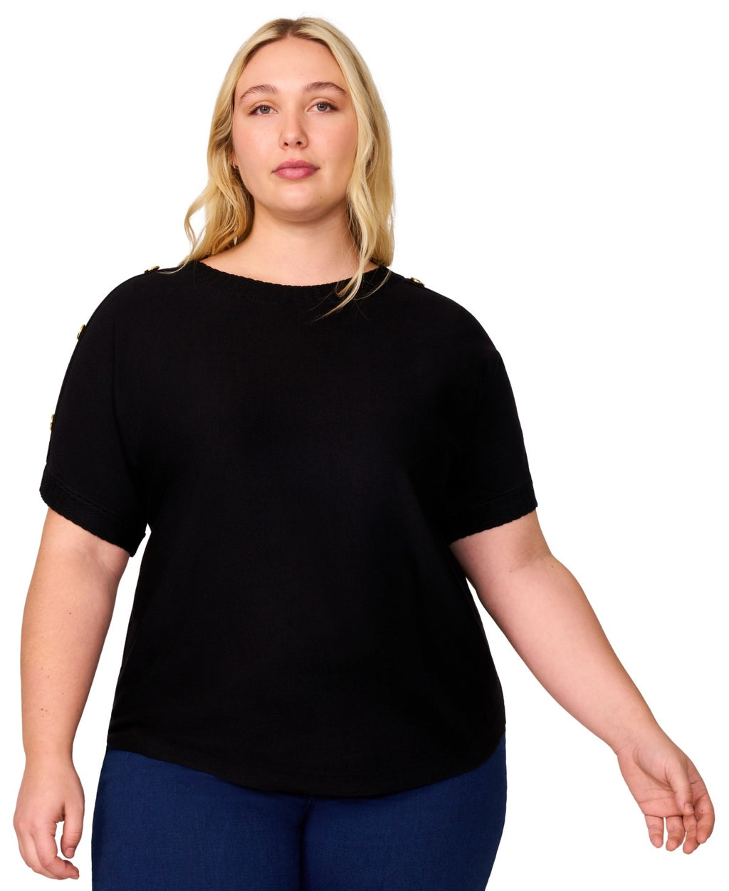 Melissa Paige Plus Size Zigzag-Trim Button-Shoulder Sweater