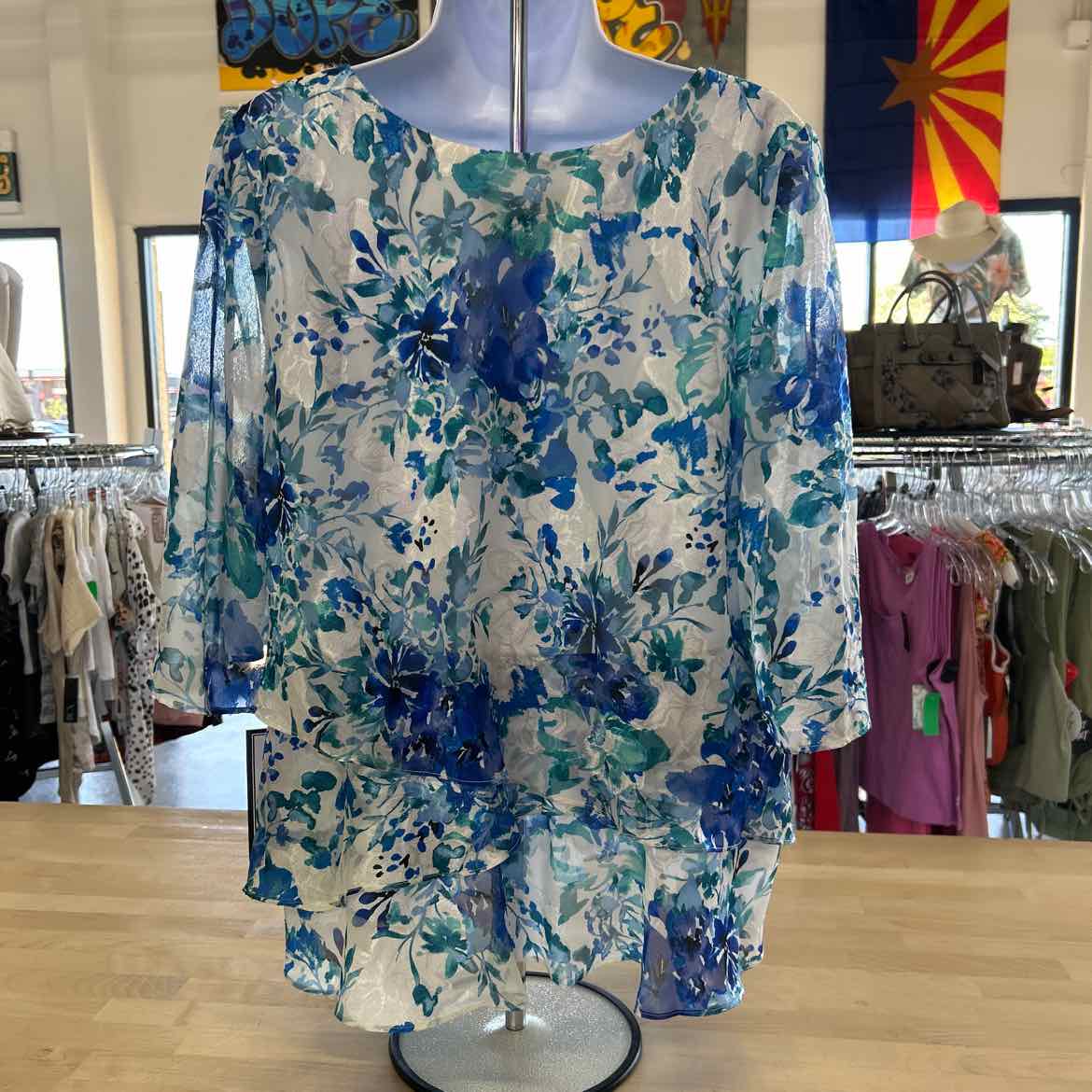Alex Evenings Women's Printed Tulip-Hem Chiffon Burnout Blouse