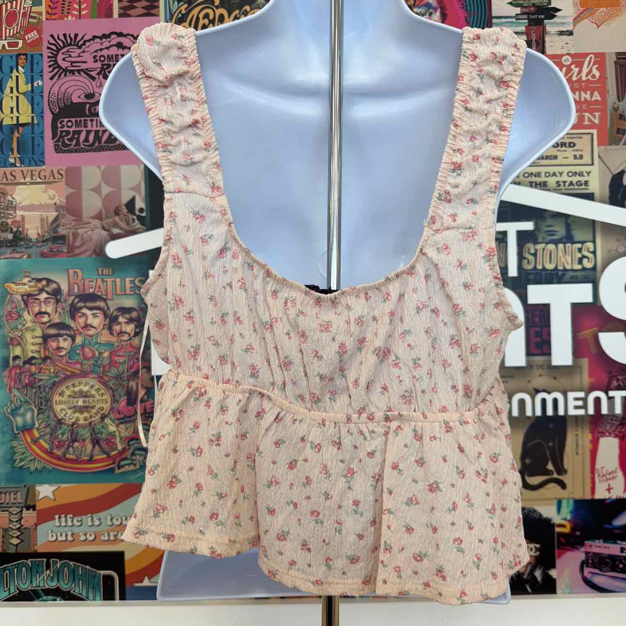 pink rose Size L Floral Printed Sleeveless Peplum Top - Blush Floral