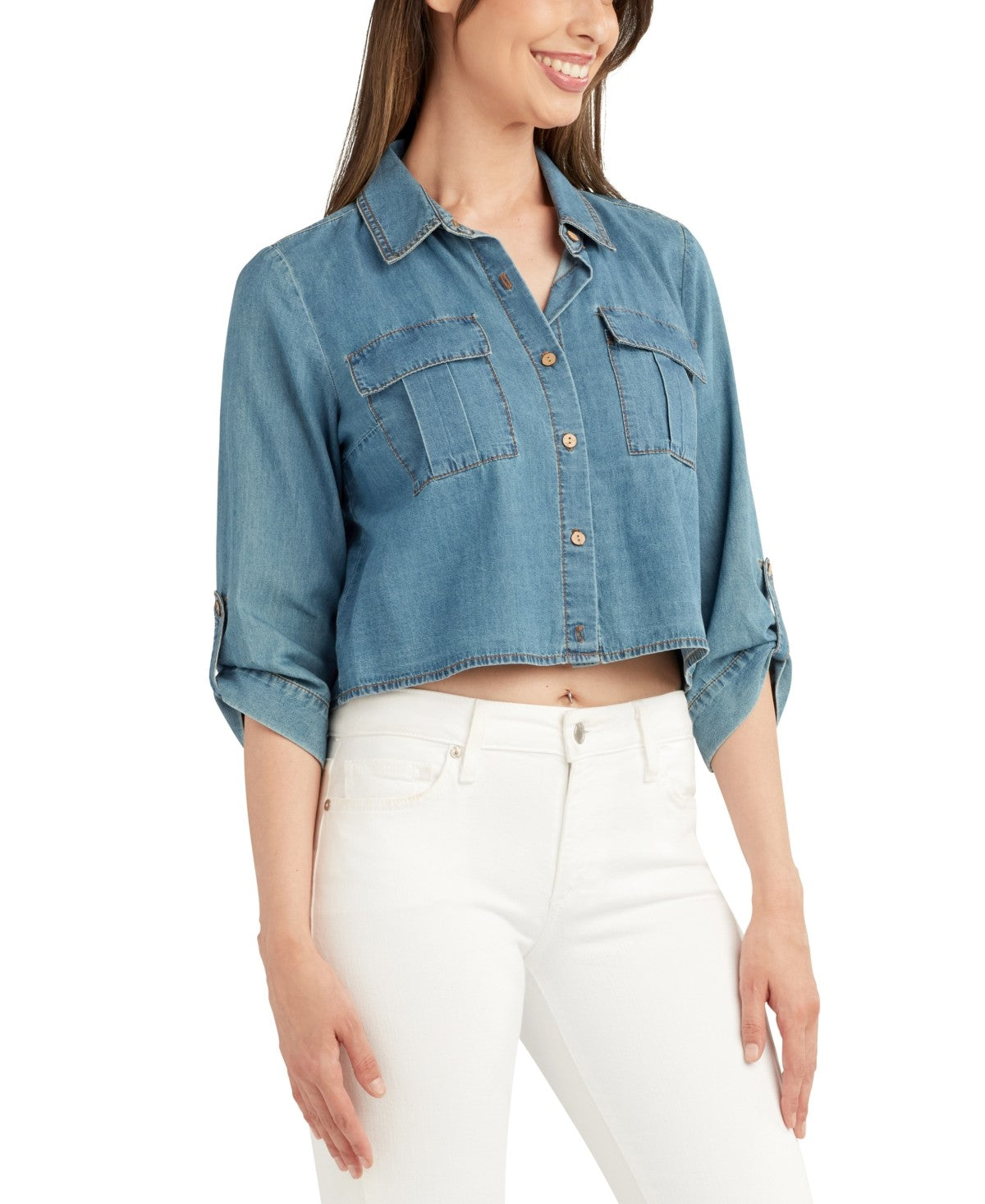 Bcx Juniors' Denim Cropped Utility Shirt - Denim