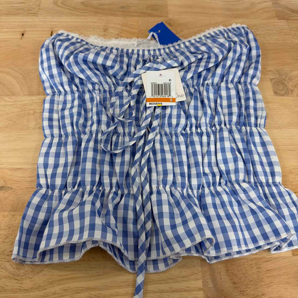 Rebellious One Size S Gingham Shirred Strapless Top - Baby Blue
