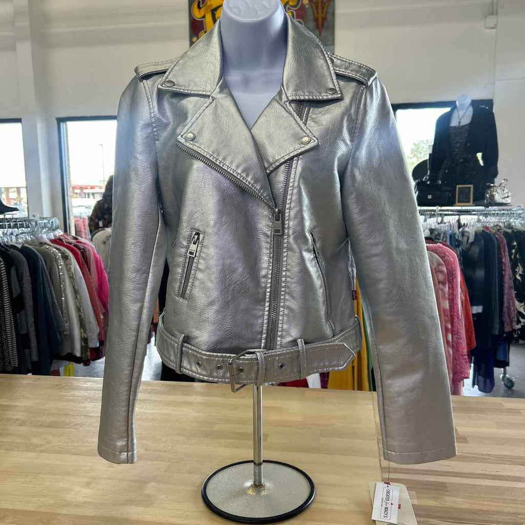 Levi's Women's Faux-Leather Belted Hem Moto Jacket - Silver Small