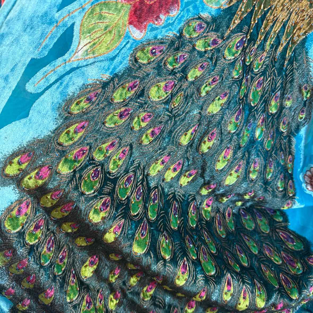 Blue Turquoise Velvet and Beaded Duster with Peacock Floral Pattern