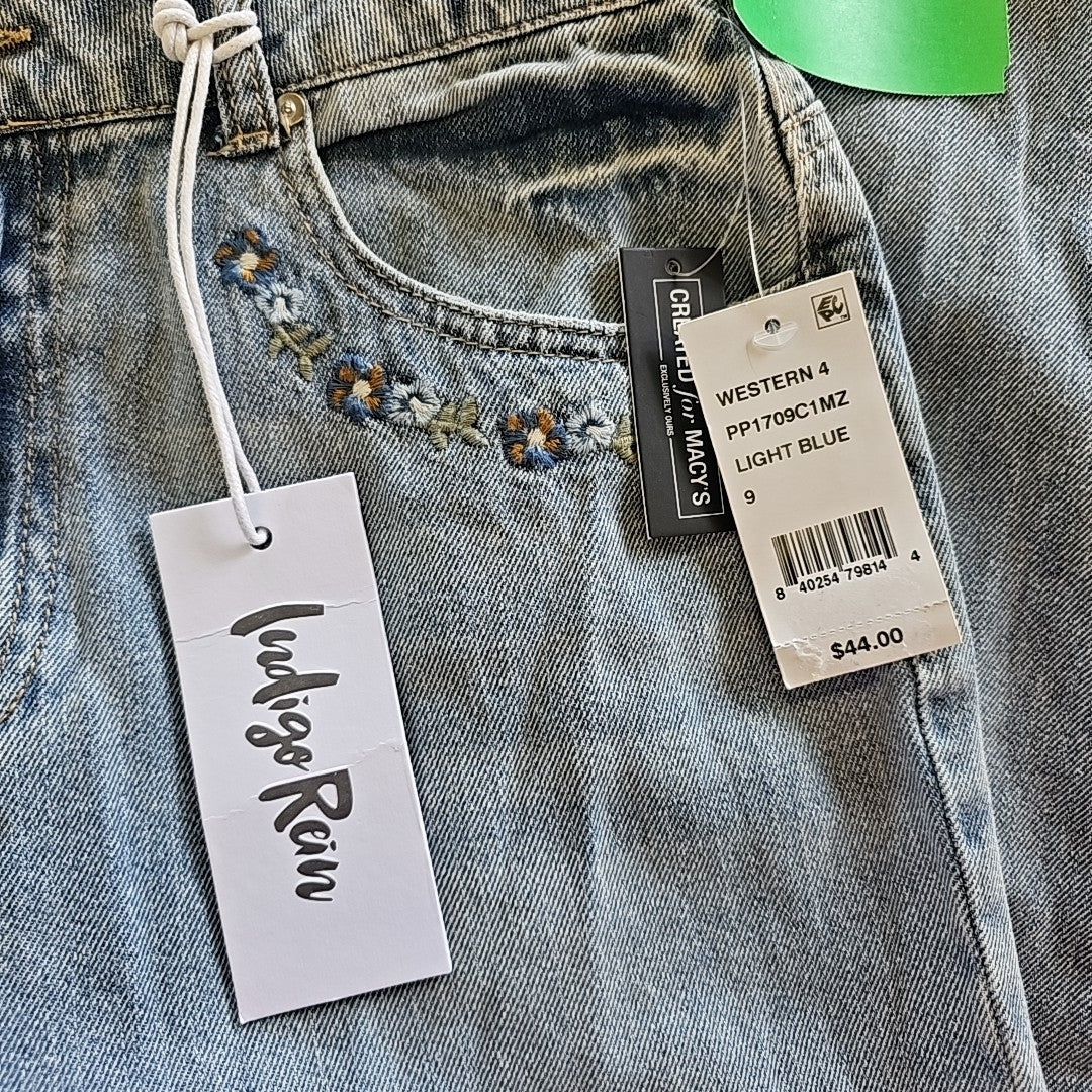 Indigo Rein Juniors' High-Rise Embroidered Wide-Leg Jeans - Light Blue - 9