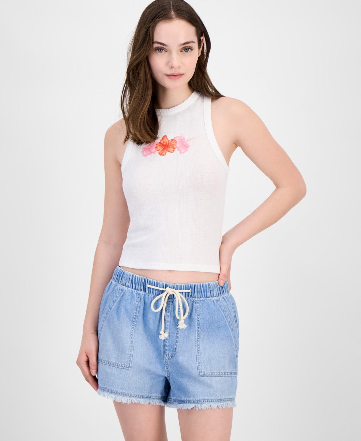 Grayson Threads, the Label Juniors' Pointelle Hibiscus Graphic Tank Top - White