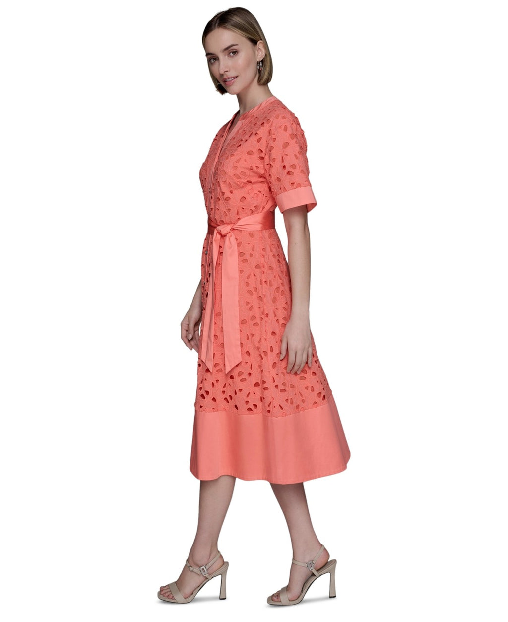 Karl Lagerfield Size 8 Women's Eyelet Cotton a-Line Shirtdress - Coral