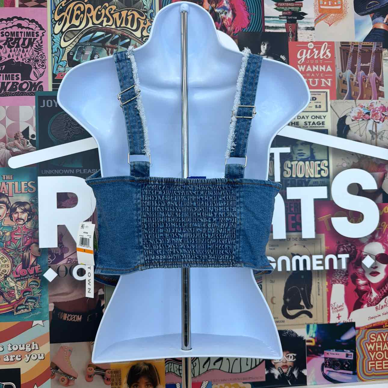 TINSELTOWN Size S Blue Fray-Trimmed Cropped Denim Corset-Style Top