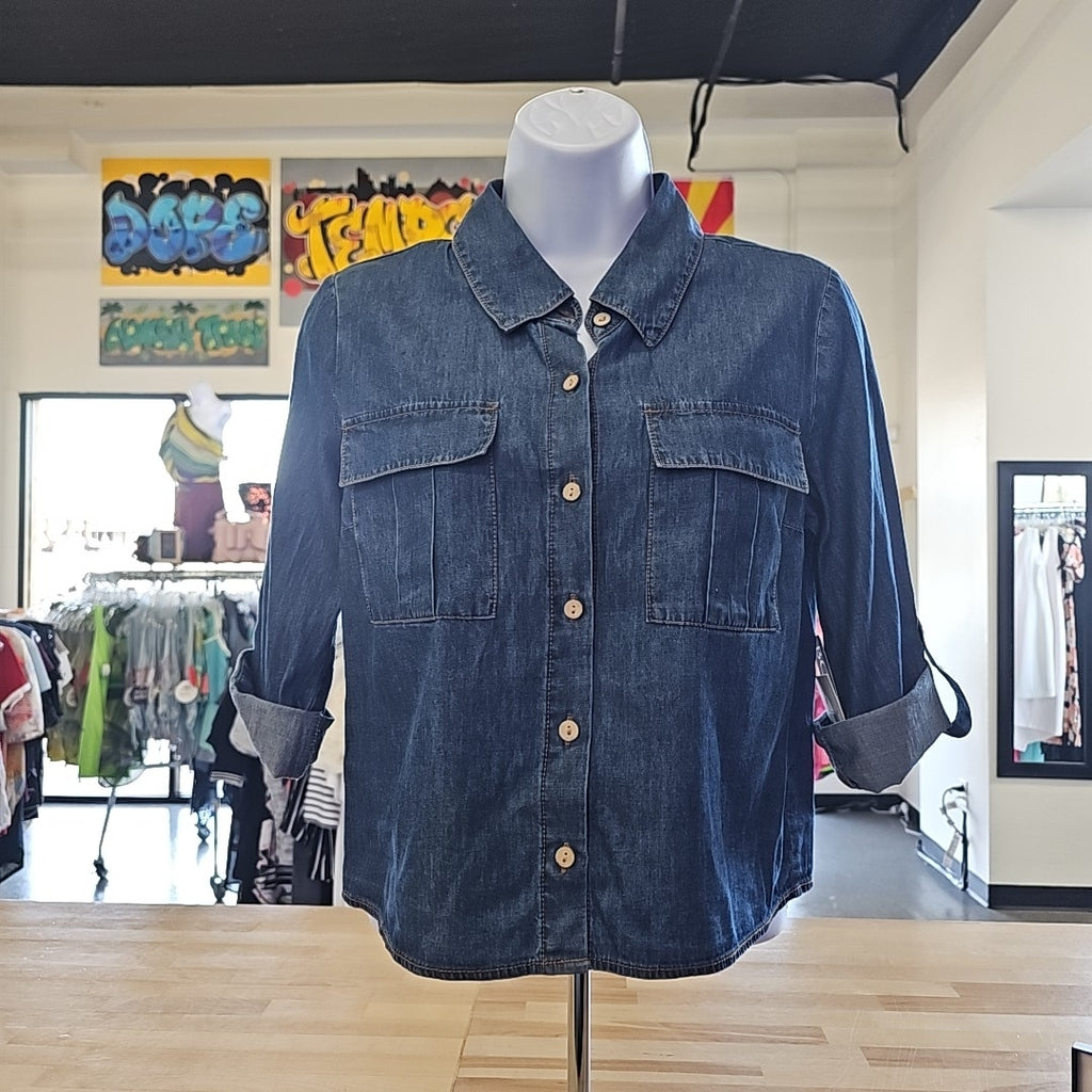Bcx Juniors' Denim Cropped Utility Shirt - Denim