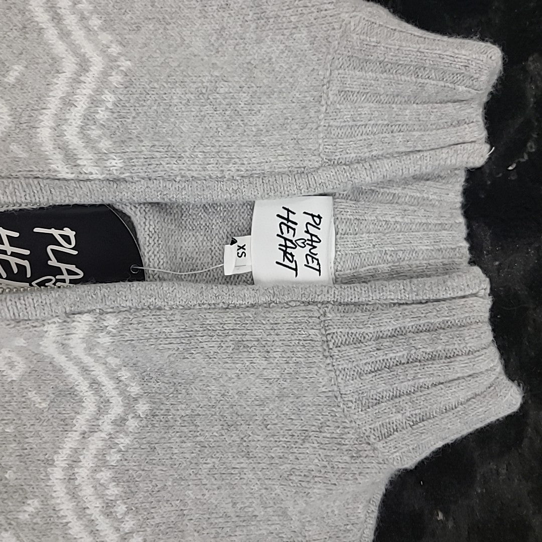 Planet Heart Size XS Juniors' Fair Isle Zip-Front Sweater - Light Heather Grey