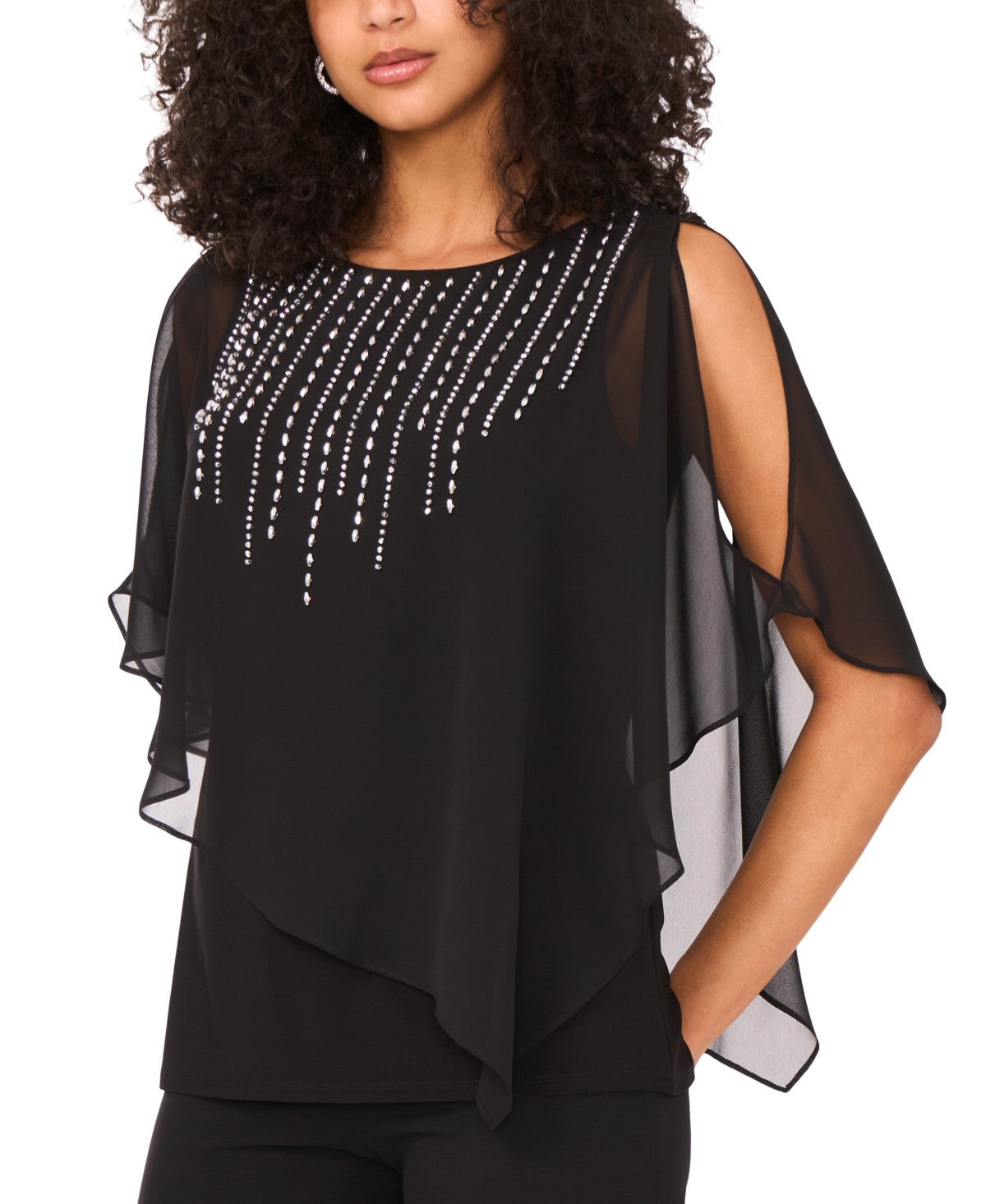 Msk Women's Beaded Overlay Split-Sleeve Top - Black