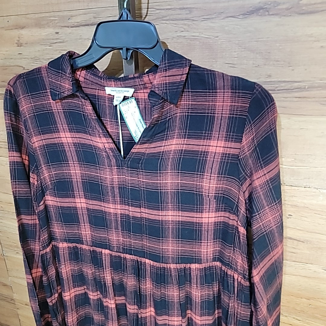 beach lunch lounge Size M Black & Coral Orange Plaid Mini Shirtdress NWT