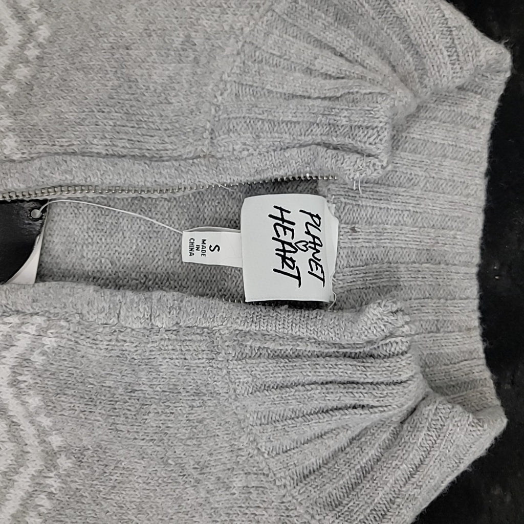 Planet Heart Size S Juniors' Fair Isle Zip-Front Sweater - Light Heather Grey