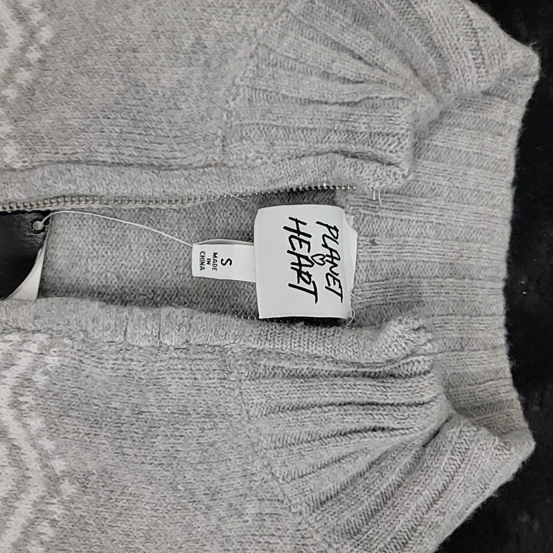 Planet Heart Size S Juniors' Fair Isle Zip-Front Sweater - Light Heather Grey