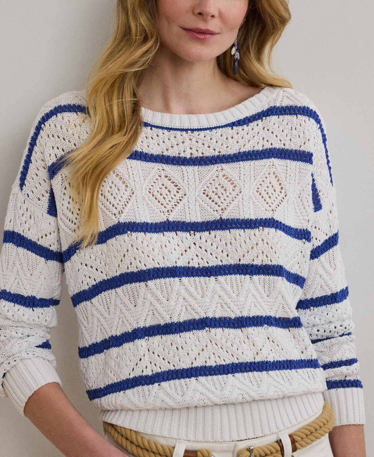 Lauren Ralph Lauren Women's Striped Pointelle Cotton-Blend Sweater