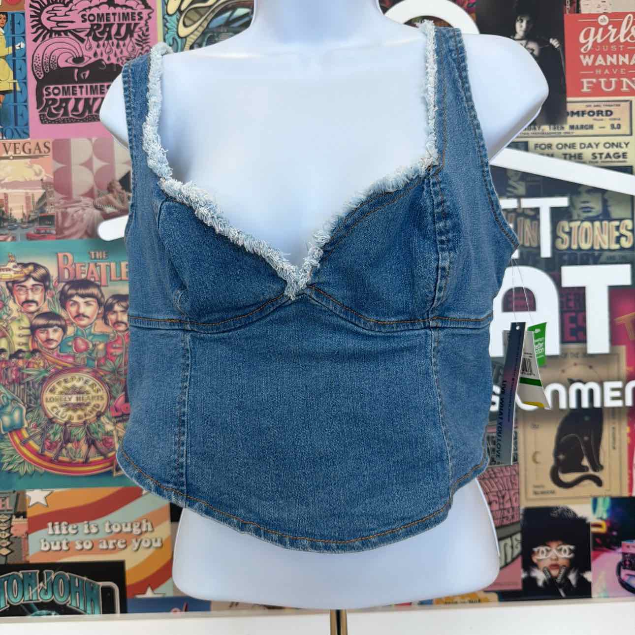 TINSELTOWN Size L Blue Fray-Trimmed Cropped Denim Corset-Style Top