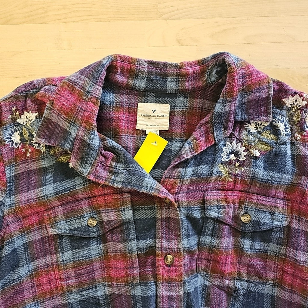 American Eagle Size S Pink & Blue Flannel with Embroidery Flowers