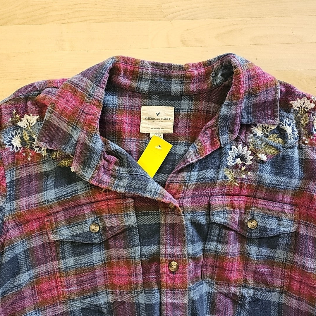 American Eagle Size S Pink & Blue Flannel with Embroidery Flowers