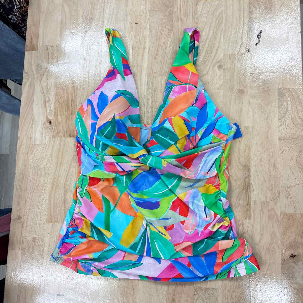 La Blanca Size 10 Over the Shoulder Tankini Swimsuit Top Multicolor Tropical