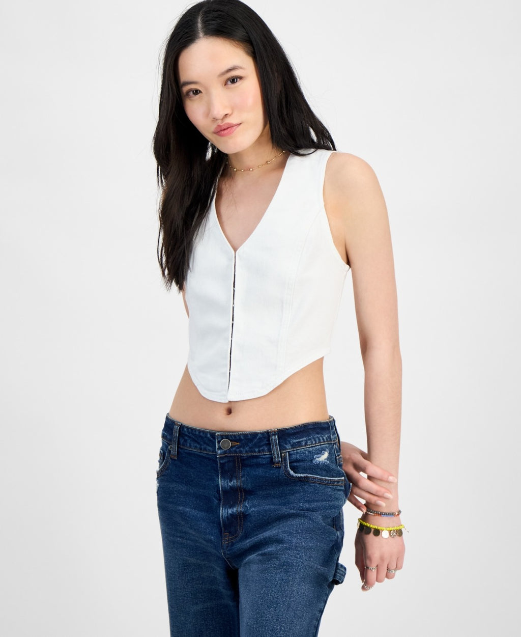 Madden Girl Size S Denim Hook-Front Corset Top - White