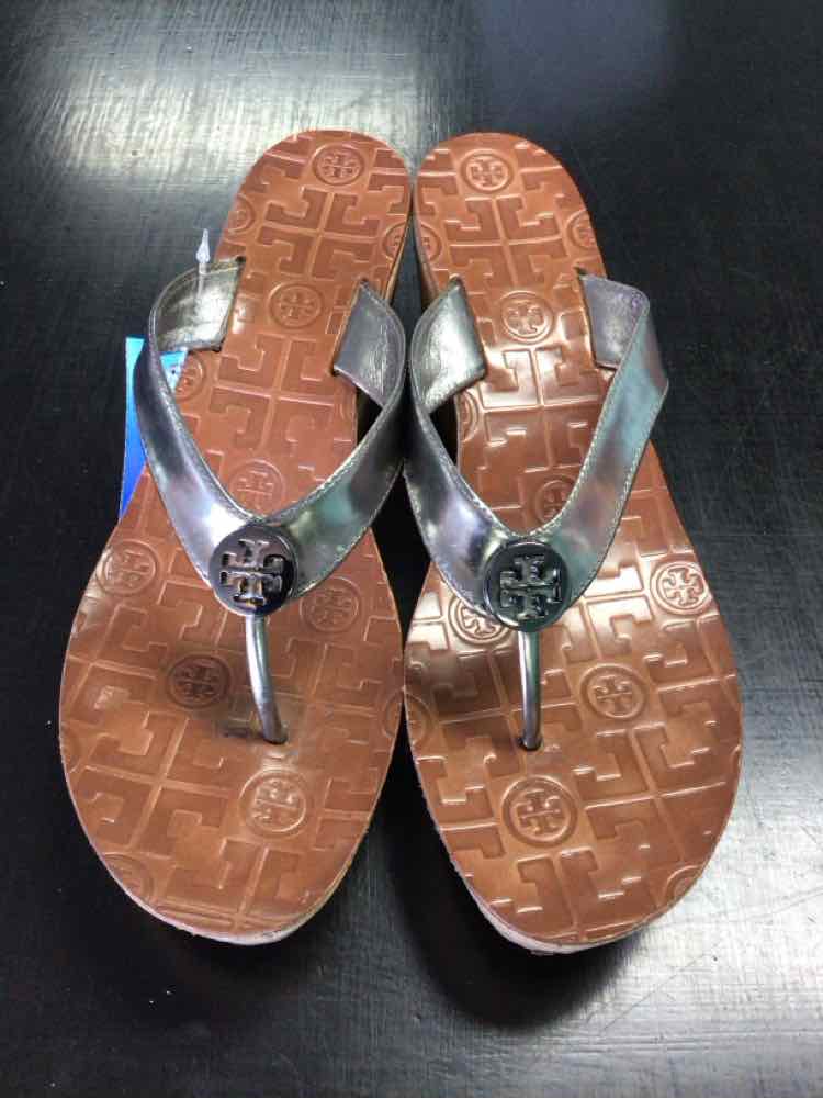 Tory Burch Shoe Size 8.5 Silver Leather Platform Wedge Thong Sandals