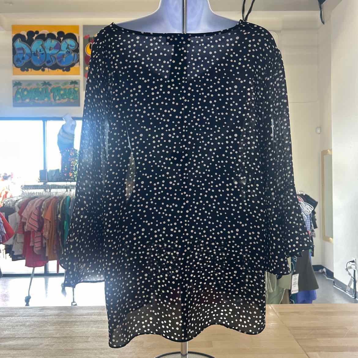 AGB Size L Black/White Polyester Preloved Blouse LS