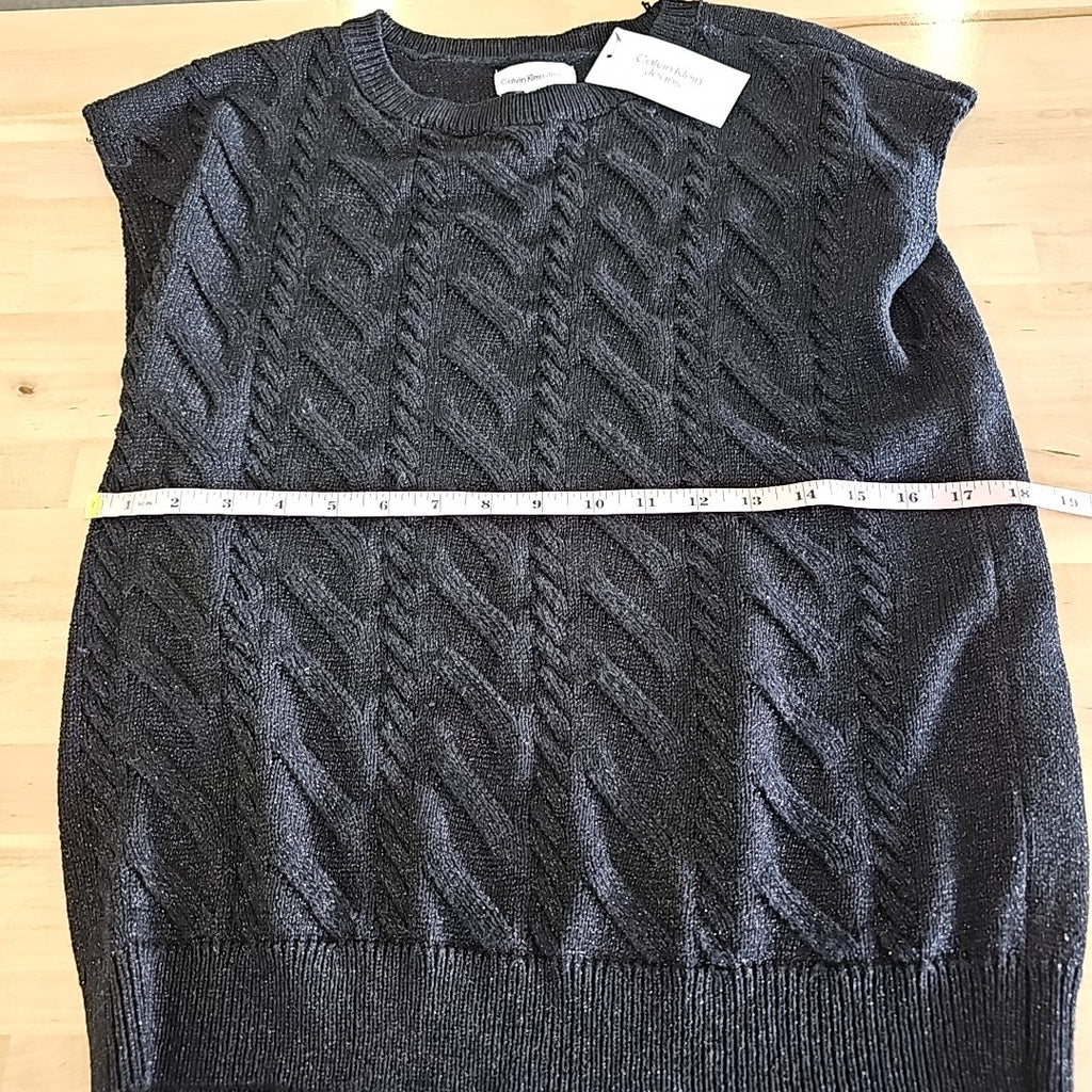 Calvin Klein Size L Black Cable-Knit Metallic Sweater Vest NWT