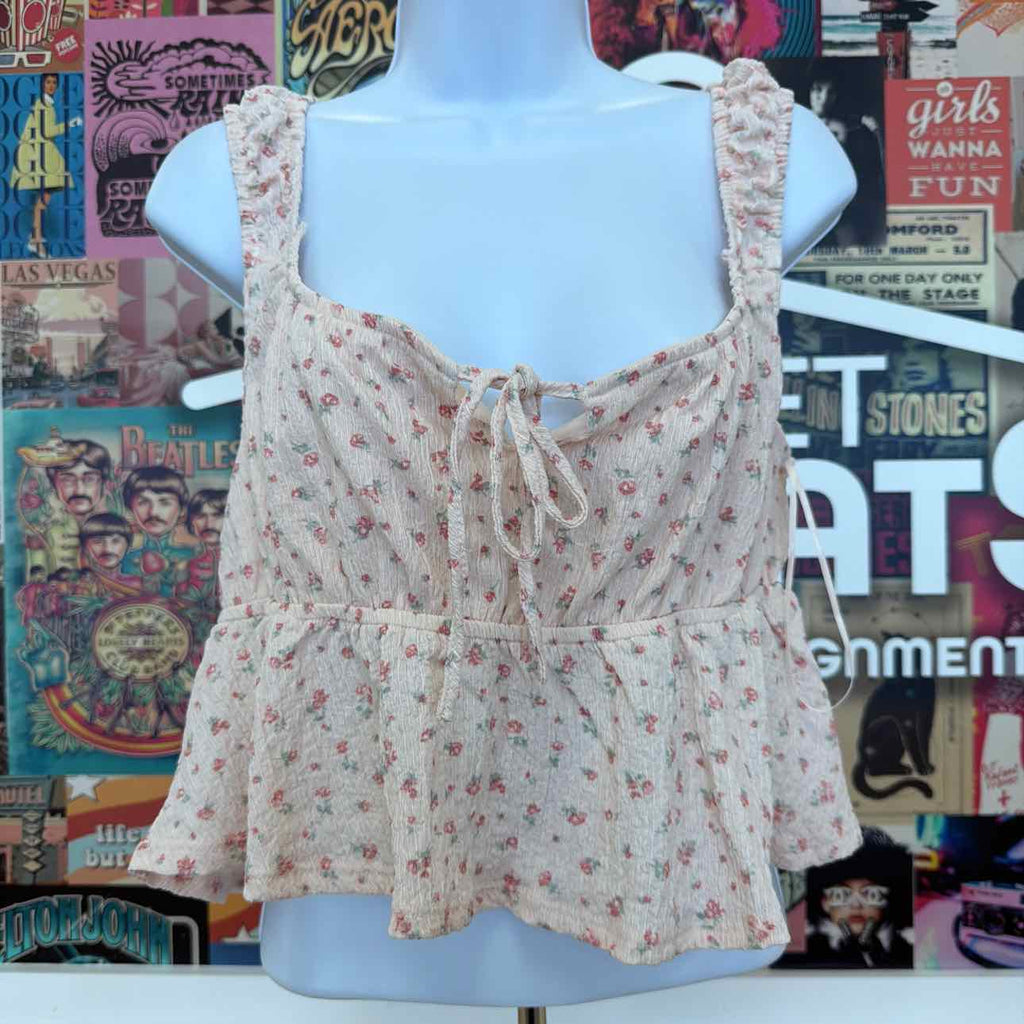 pink rose Size L Floral Printed Sleeveless Peplum Top - Blush Floral