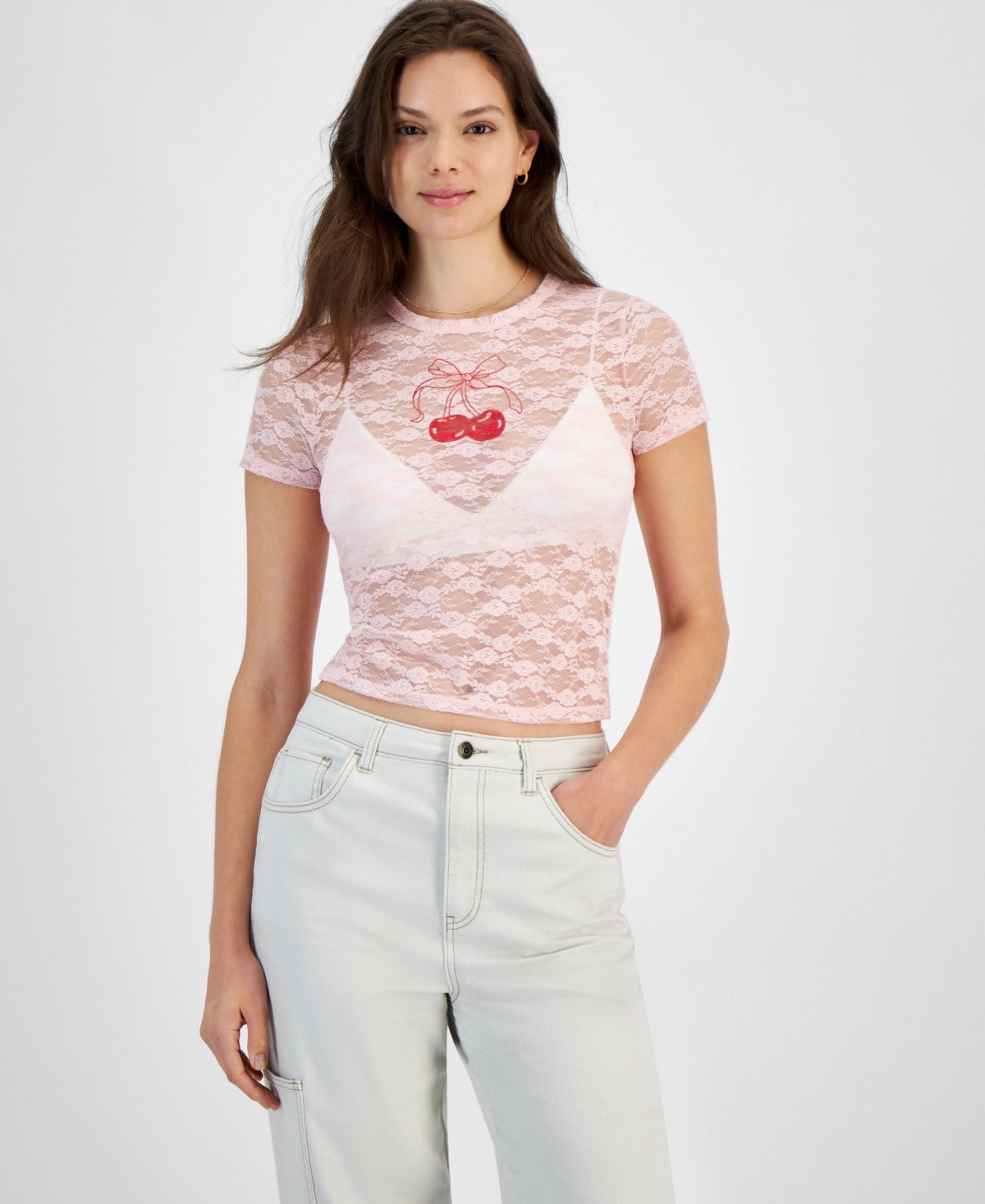 Ultra Flirt Juniors' Graphic Lace Tee - Ballet Slipper