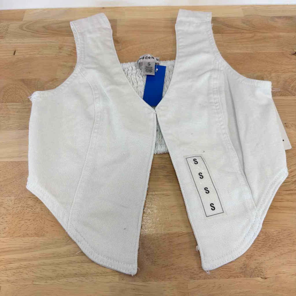 Madden Girl Size S Denim Hook-Front Corset Top - White