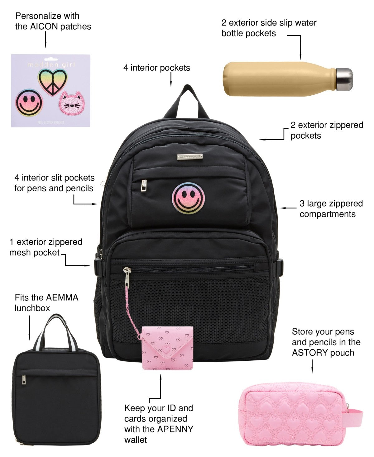 Madden Girl Peel & Stick Multi Icon Patch - Rainbow Smiley, Peace Heart, Cat