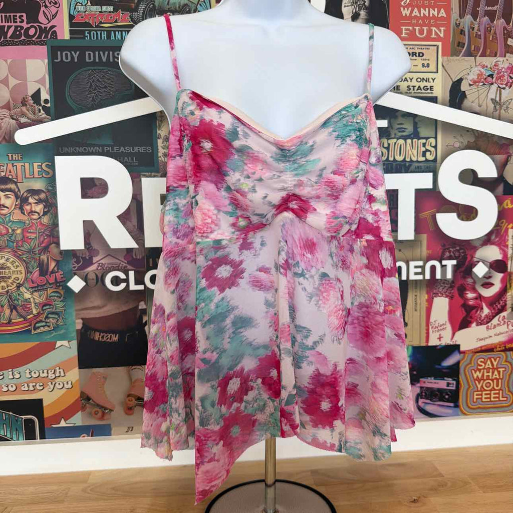 Steve Madden Size XL Floral-Print Handkerchief-Hem Sleeveless Top - Pink Hydrang