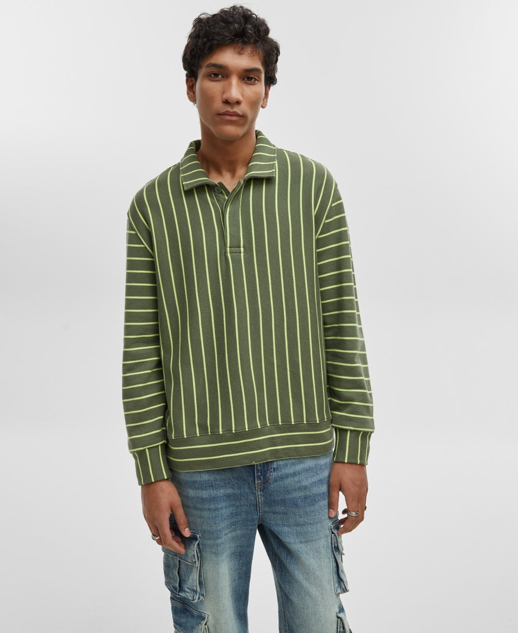 Mode of One Men's Relaxed-Fit Long-Sleeve French Terry Polo Shirt - Wild Ivy