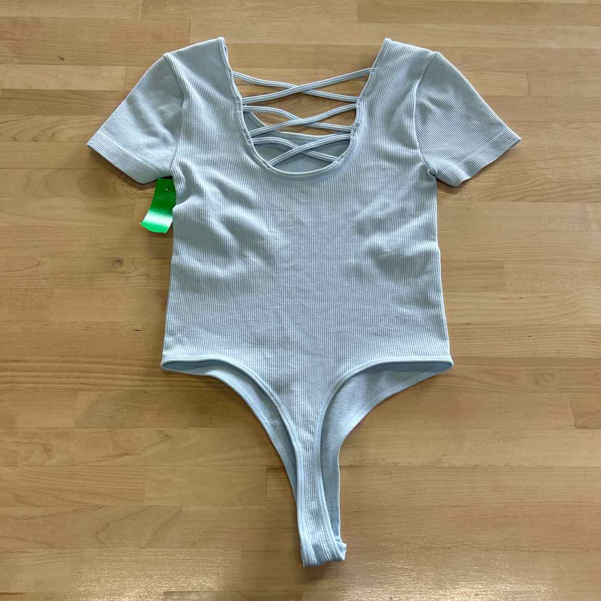 ultra flirt Size XS Seamless Lattice-Back Ribbed Bodysuit - Baby Blue