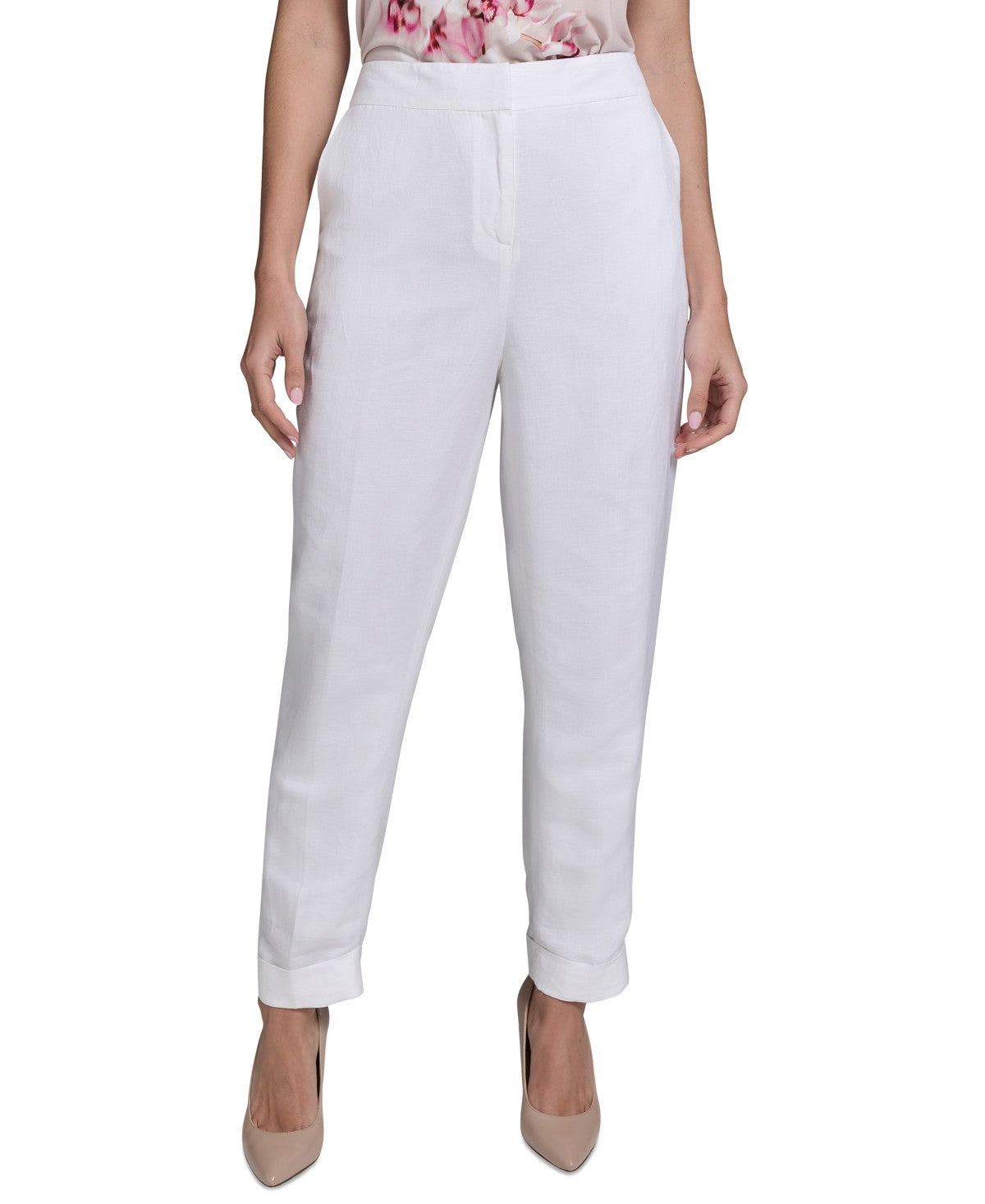Calvin Klein Size 4P Linen-Blend Mid Rise Slim-Leg Pants