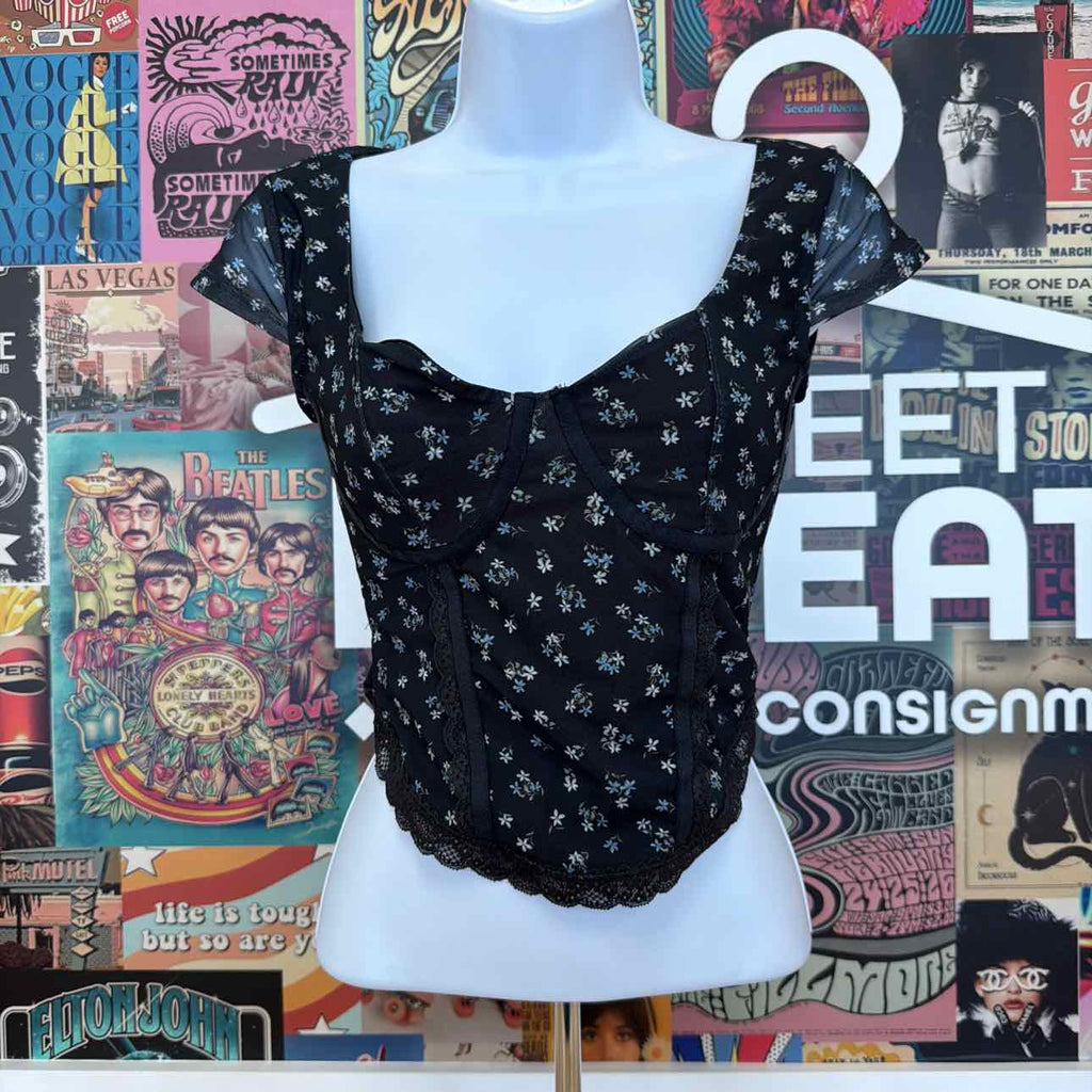 hippie rose Size XS Corset Short-Sleeve Mesh Top - Black Ditsy