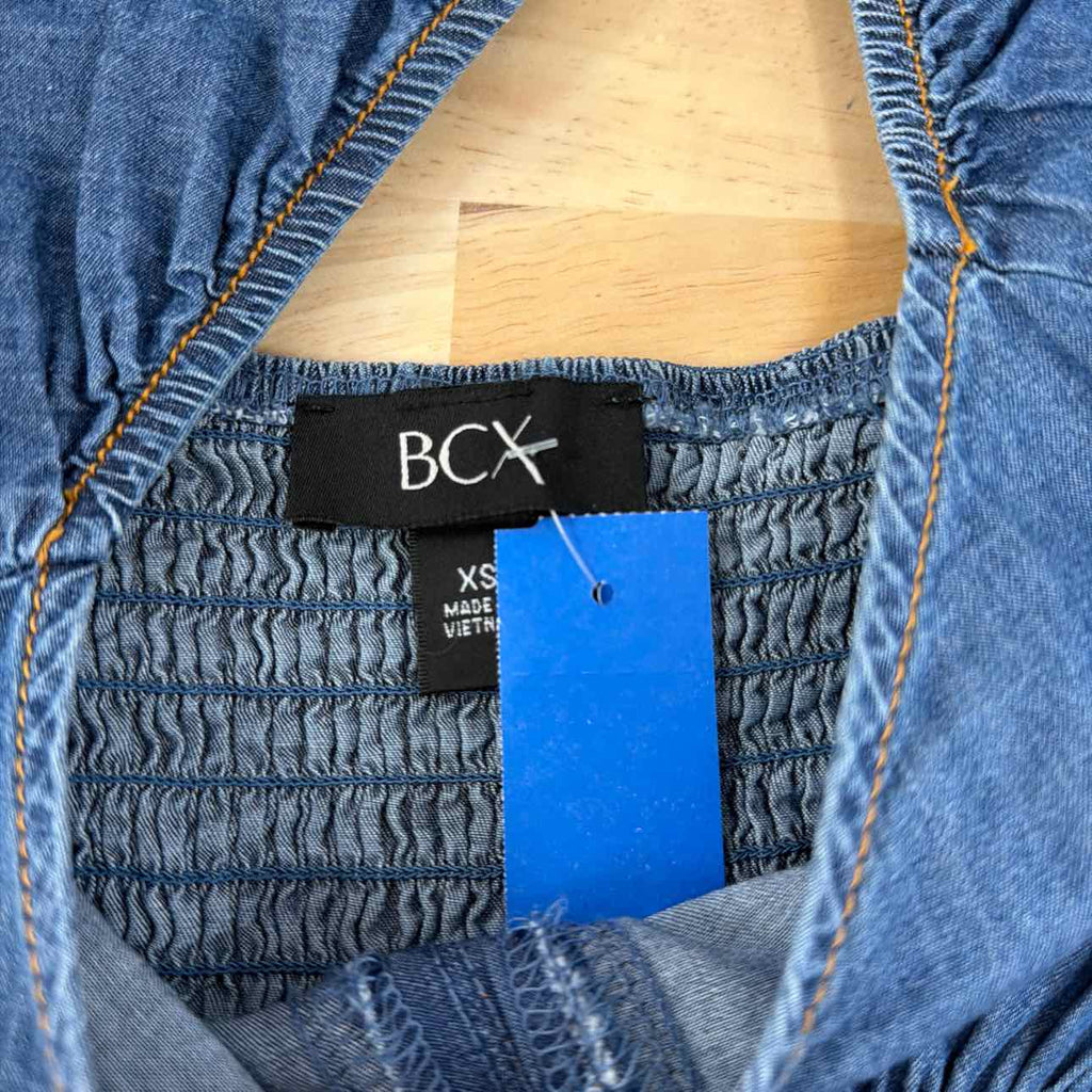 BCX Size XS Denim Puff-Sleeve Sweetheart-Neck Top