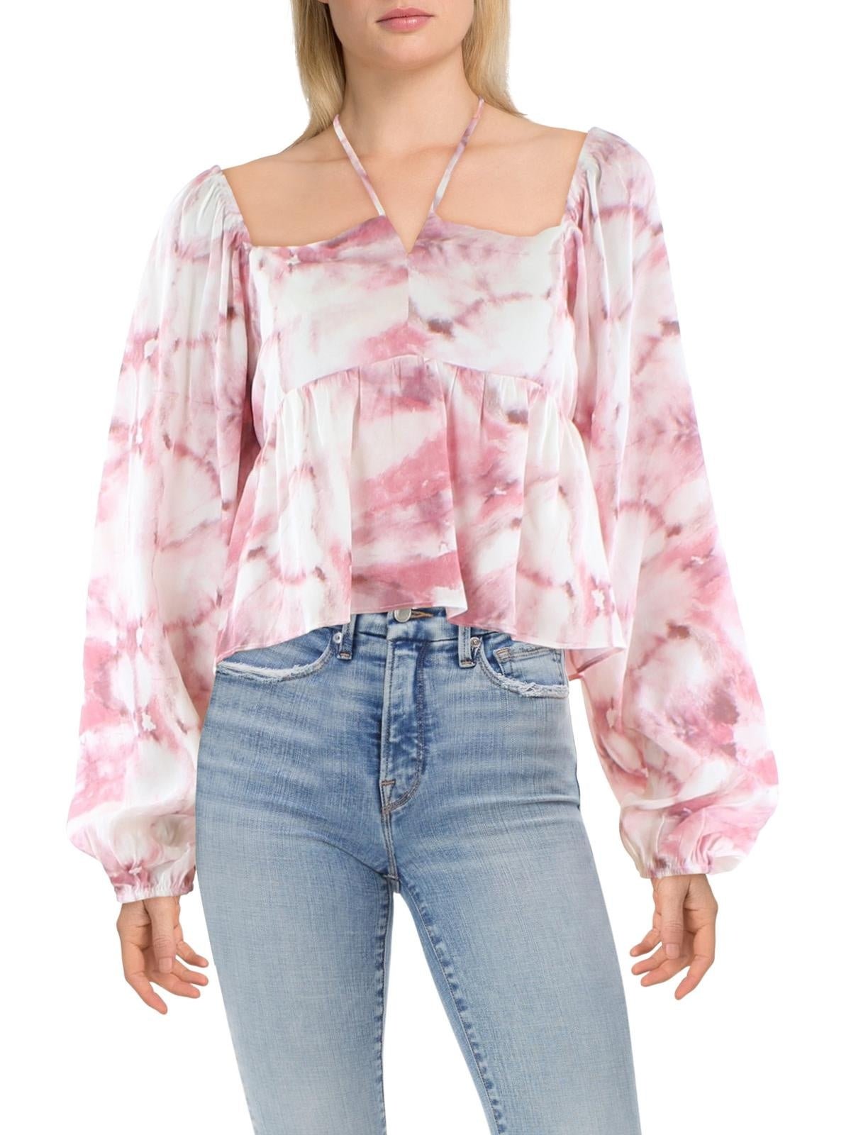 Lucy Paris Size S Pink Print Tie-Dye Bishop Sleeve Cropped  Blouse NWT