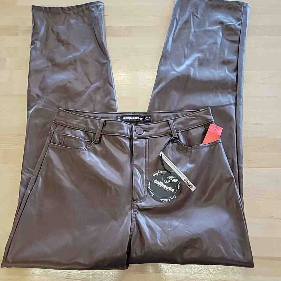 dollhouse Size 11/12 Amber Brown Vegan Leather High Rise Wide Leg Pants NWT