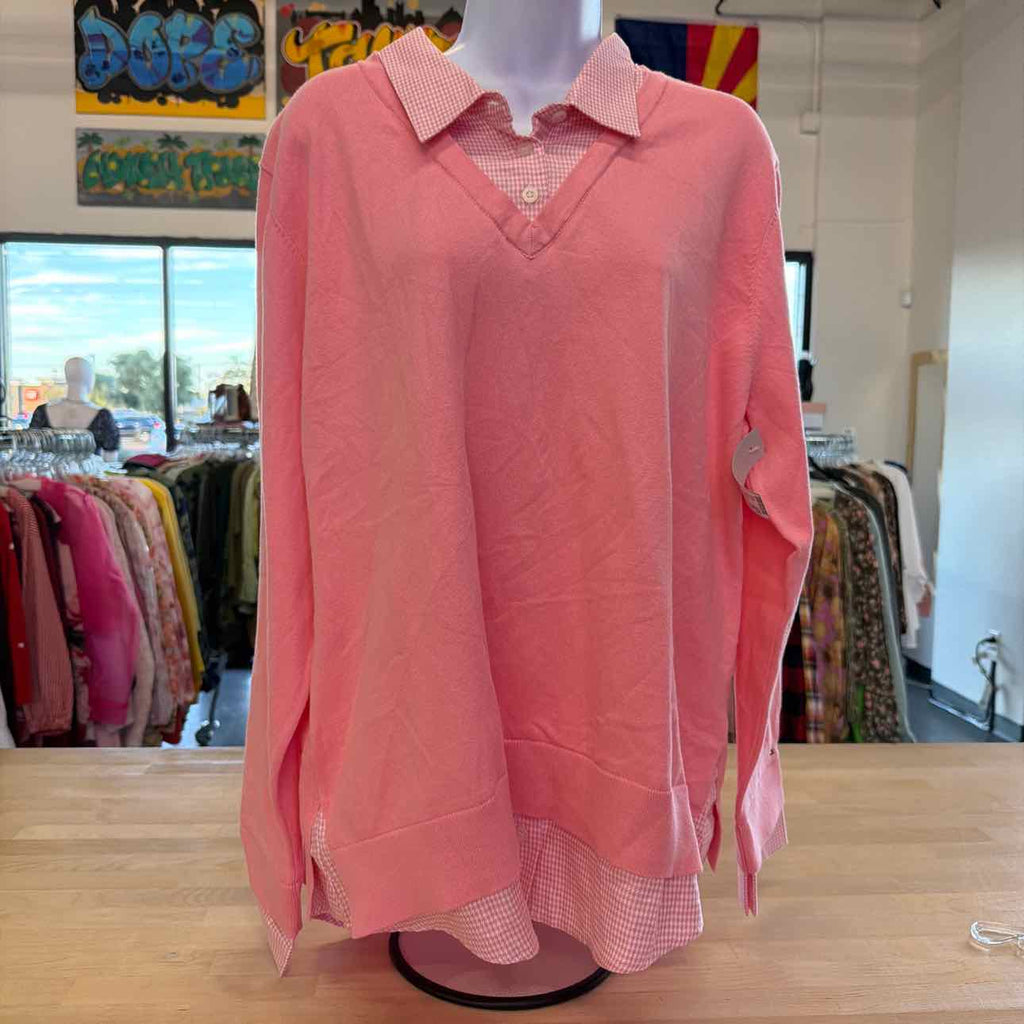 Tommy Hilfiger Womens Cotton Twofer V-Neck L PinkWhite