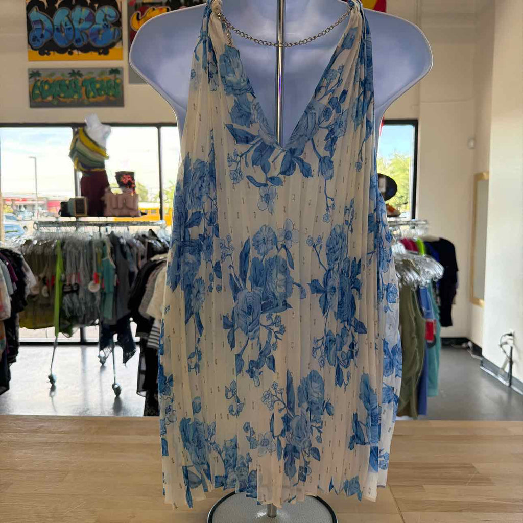 MKS Size XL Floral-Print Pleated-Chiffon Halter Top - Airy Blue NWT