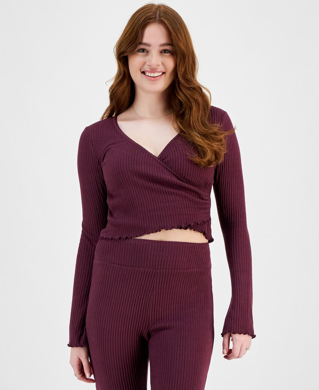 Planet Heart Size XL Surplice-Neck Ribbed Long Sleeve Top