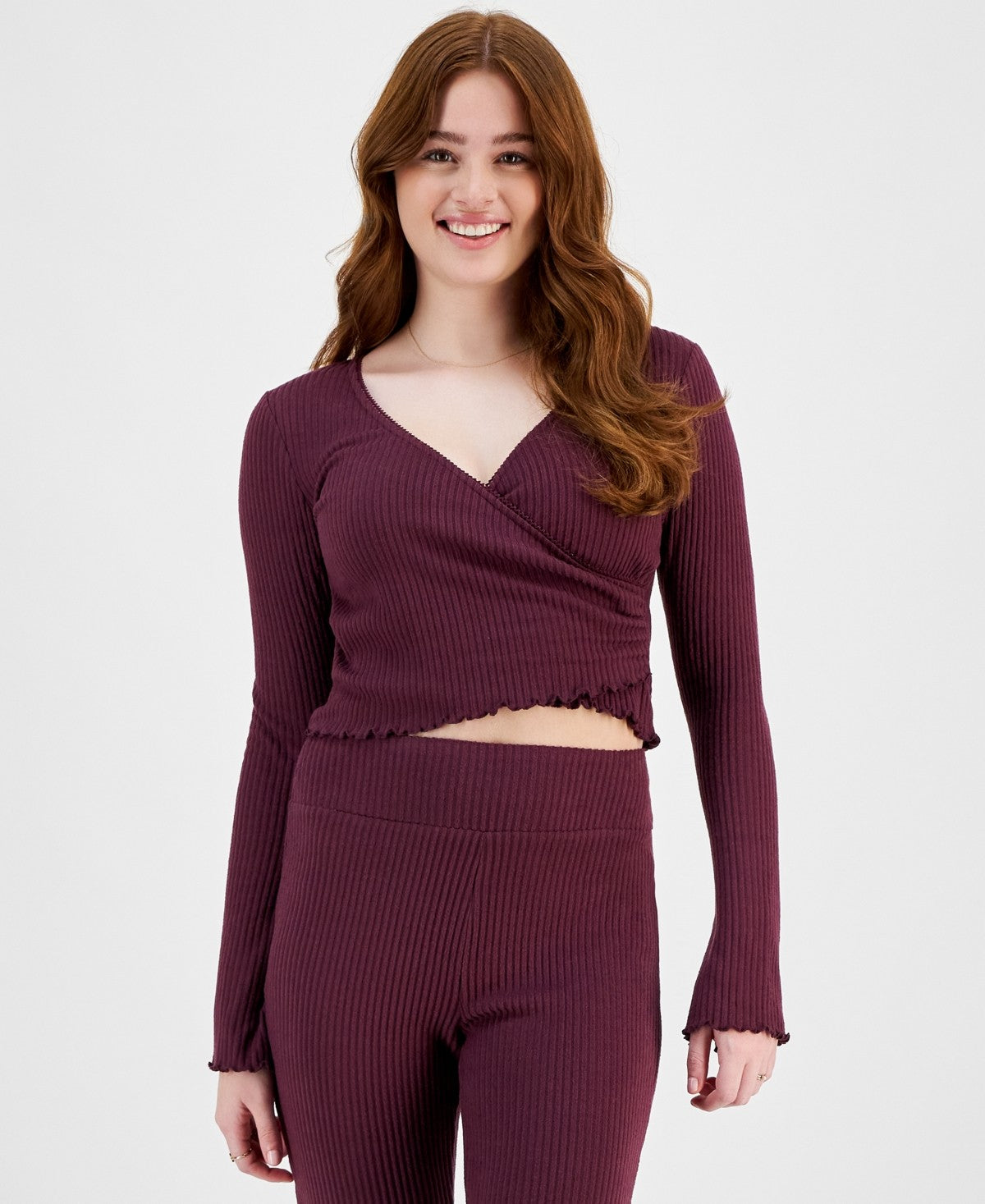 Planet Heart Size XL Surplice-Neck Ribbed Long Sleeve Top