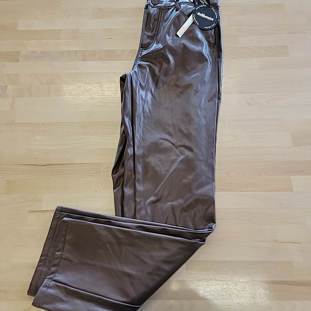 dollhouse Size 7/8 Amber Brown Vegan Leather High Rise Wide Leg Pants NWT