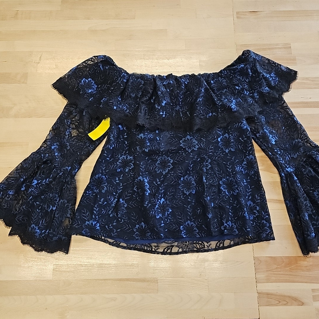 WHBM Size 14 Blue Black Hannie Lace OTS Blouse