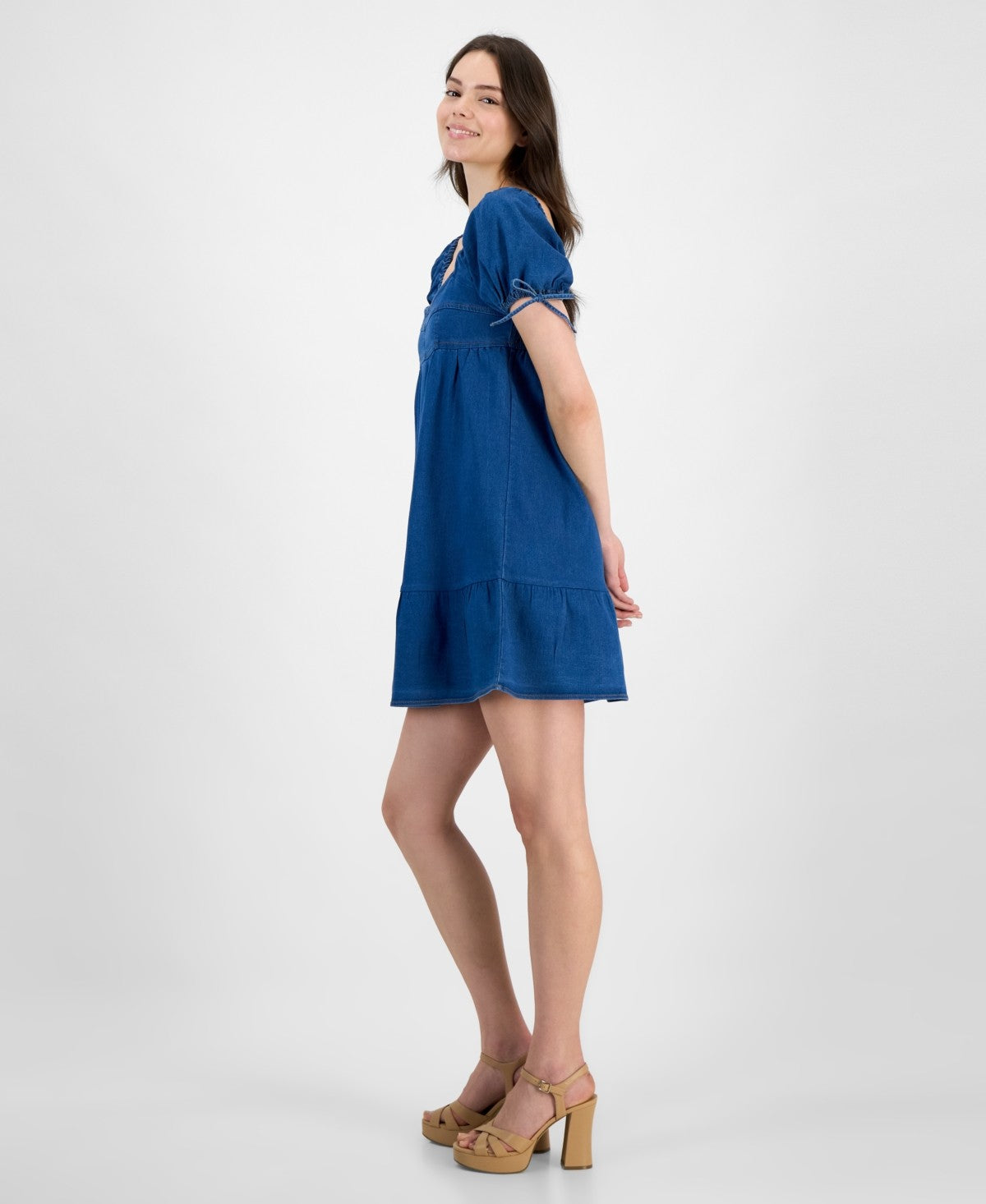 Planet Heart Size S Juniors' Denim Puff-Sleeve Mini Dress - Mid Blue Wash