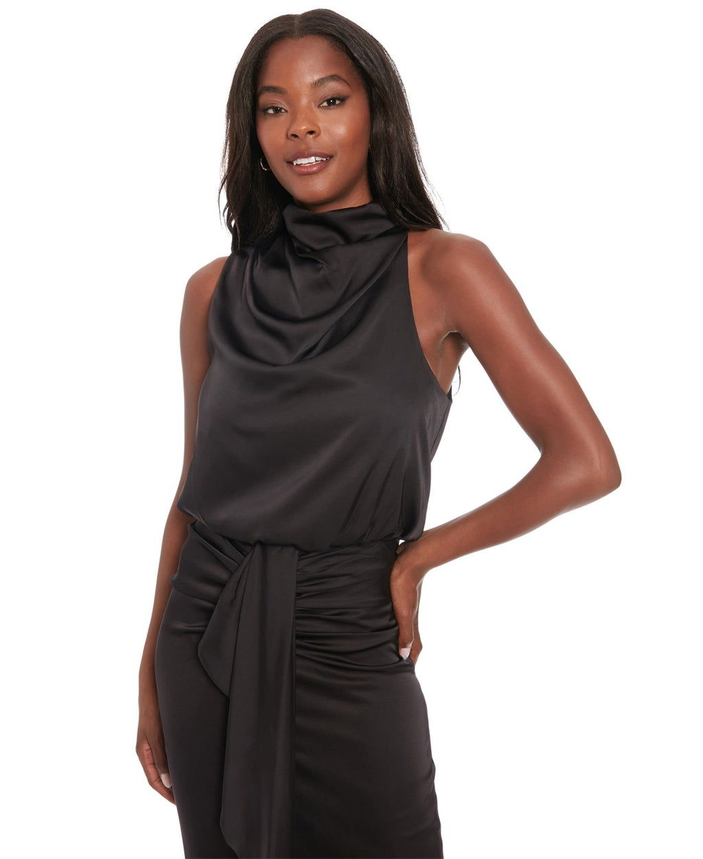 Muse Women's Draped Cowlneck Charmeuse Top - Black